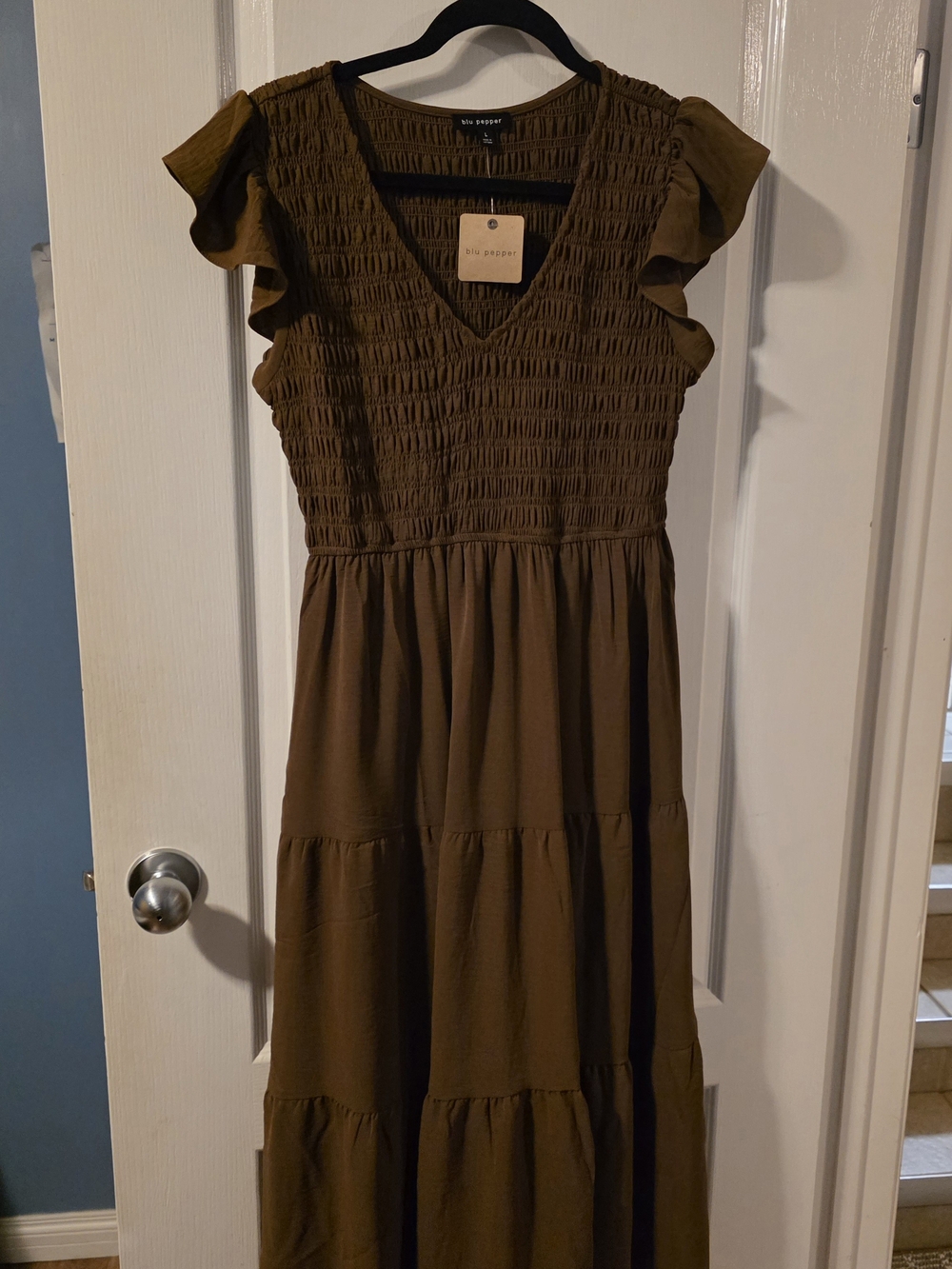 Brown Smocked Flutter Sleeve Woman Dress - Large